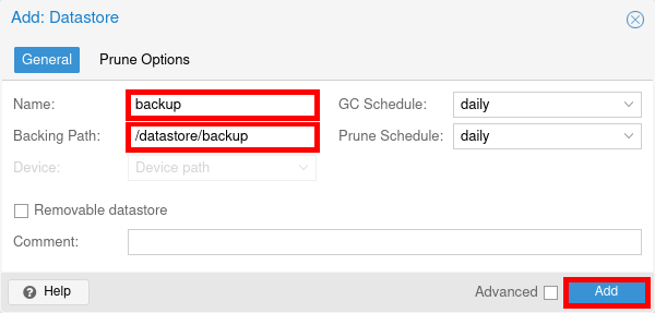 Form to add a new datastore with path and name