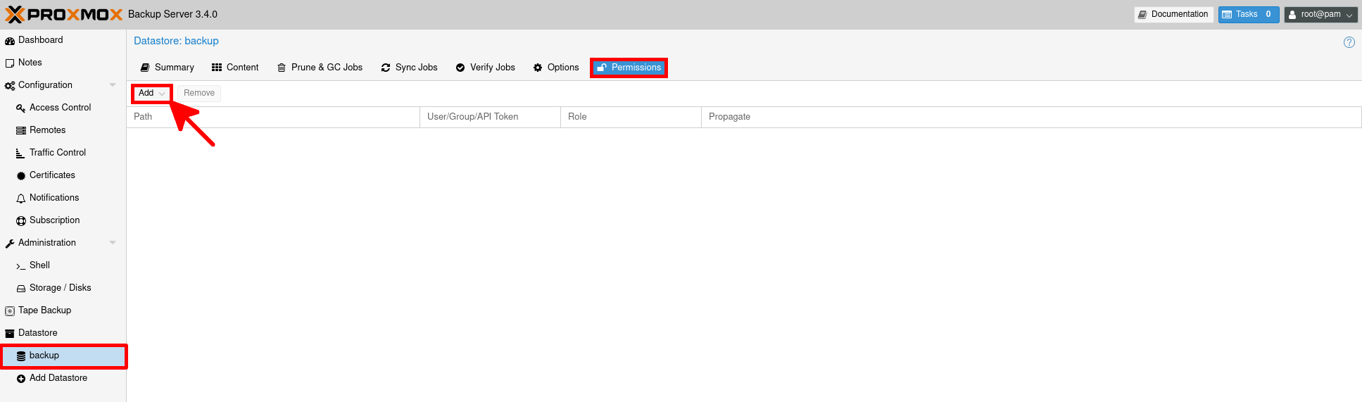 Add user permission to a PBS datastore