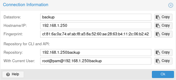 Pop-up with PBS connection details including fingerprint and hostname