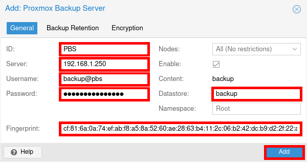 Form to add Proxmox Backup Server with ID, IP, user and fingerprint
