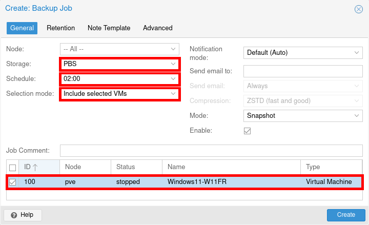 Form to schedule VM backup with PBS target, time and selection