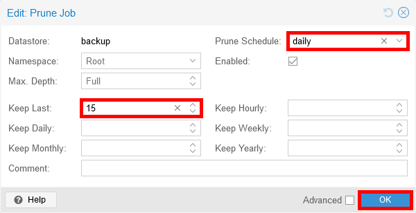 Edit window for a Proxmox Backup Server prune job with daily schedule and retention of the last 15 backups configured