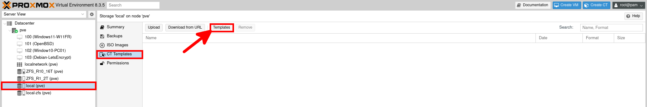 Proxmox interface showing CT Templates section and the option to download container templates