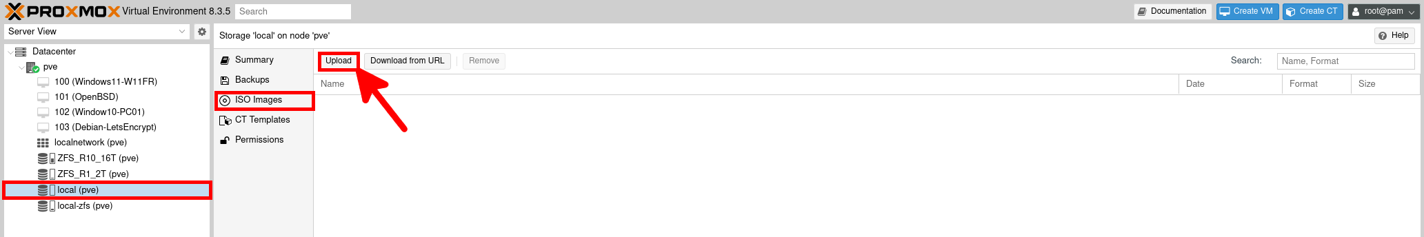 Proxmox VE interface showing the 'ISO Images' section of local storage, with the 'Upload' button highlighted for importing ISO files used to create virtual machines.