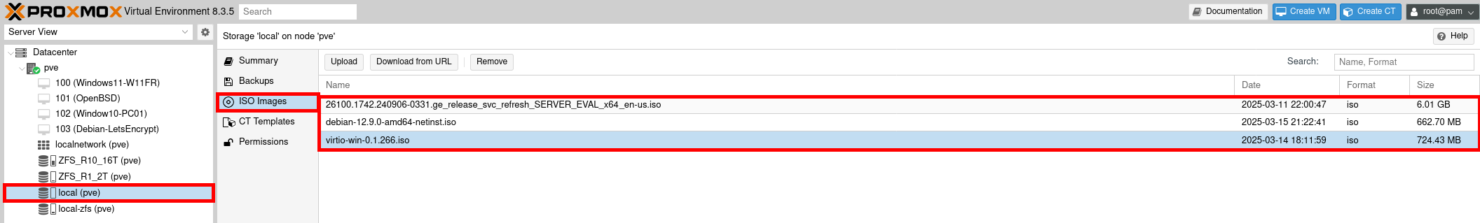 Proxmox VE interface displaying the uploaded ISO images in local storage. The list includes a Windows Server evaluation ISO, a Debian 12 netinstall ISO, and a VirtIO drivers ISO.
