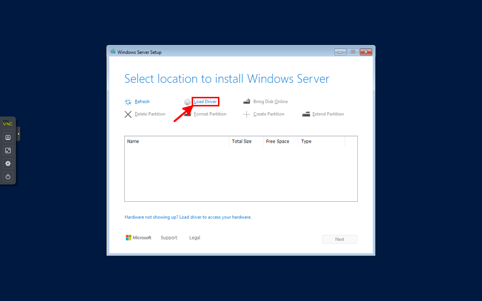 Windows Server installation screen in a Proxmox VM, prompting the user to select a location for installation. The 'Load Driver' option is highlighted, indicating the need to install additional storage drivers (e.g., VirtIO) for disk detection.