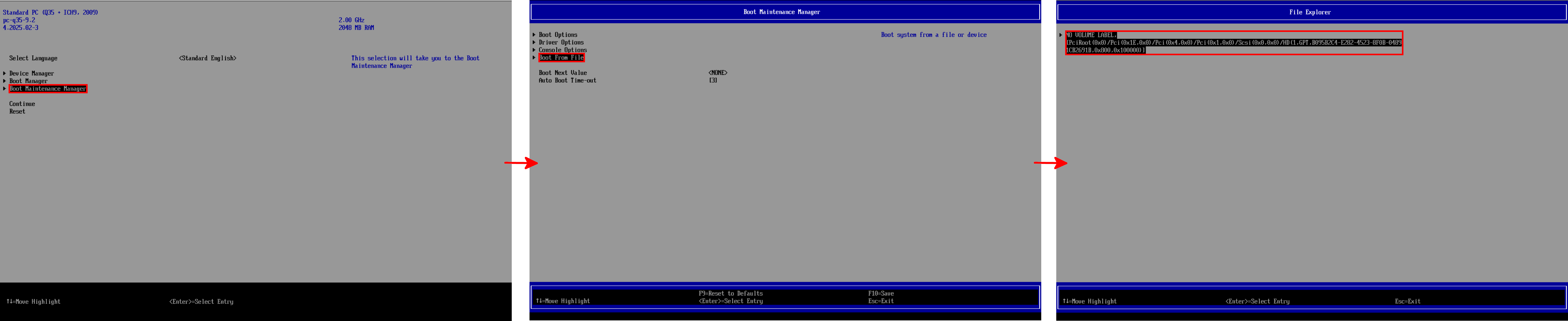 UEFI navigation sequence from Boot Manager to boot file selection in a Proxmox environment.