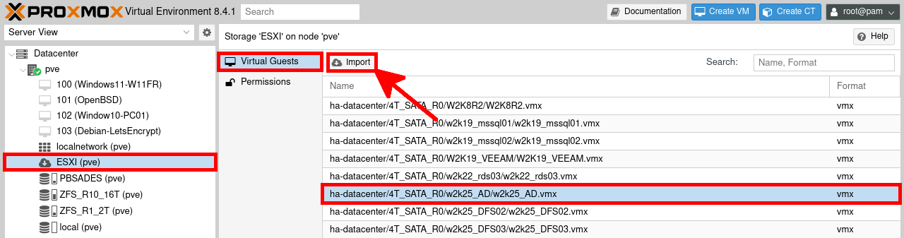 Proxmox GUI interface showing the Virtual Guests tab for ESXi storage, with a selected VM and Import button highlighted.