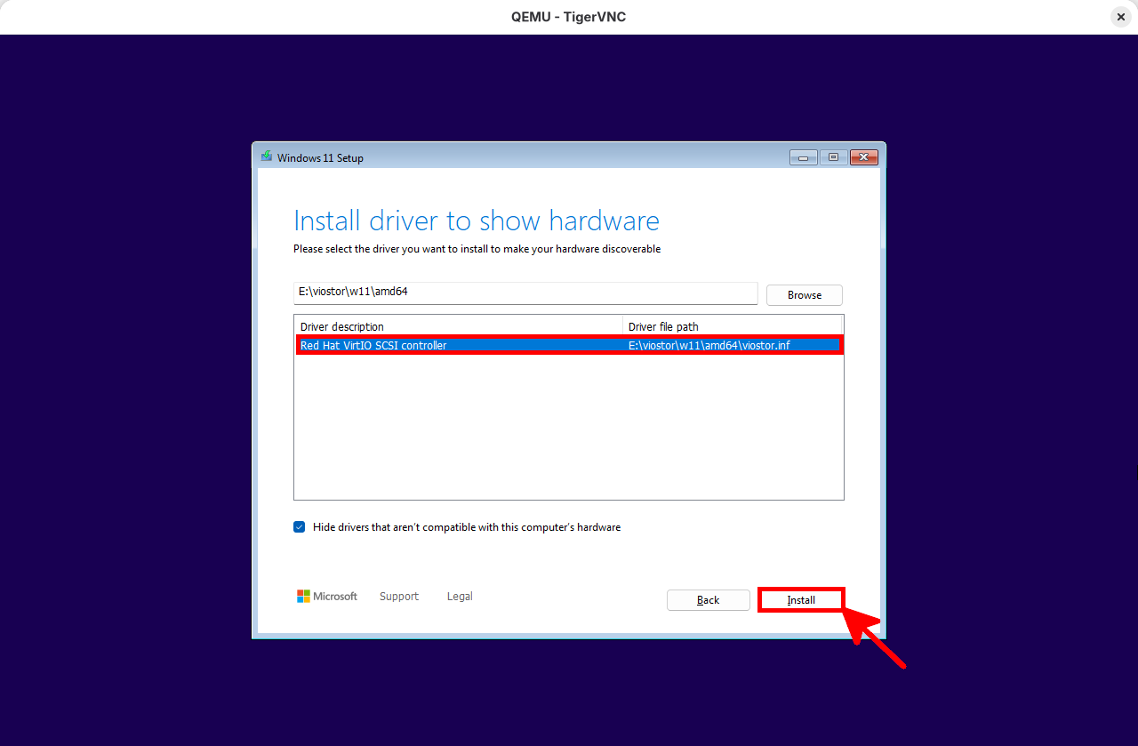 Windows 11 setup displaying Red Hat VirtIO SCSI controller driver selected for installation in QEMU virtual machine