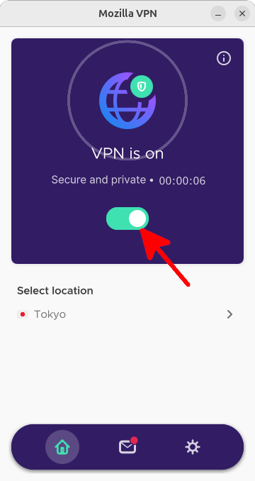 Mozilla VPN GUI showing active VPN connection ready to be disabled Mozilla VPN desktop application with VPN is on status, showing secure and private connection to Tokyo server with toggle switch enabled