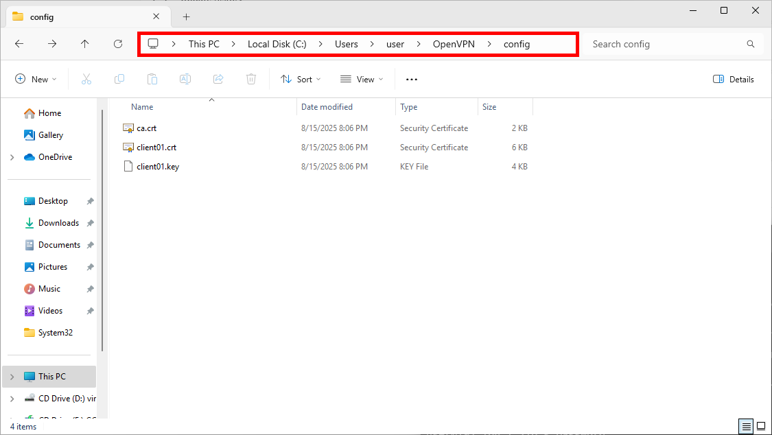 Windows OpenVPN config folder showing ca.crt, client01.crt, and client01.key files.