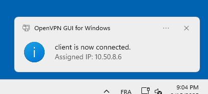 OpenVPN Windows notification showing the client is connected with assigned IP 10.50.8.6.