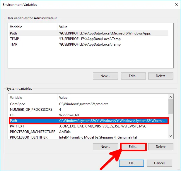 Environment Variables Window