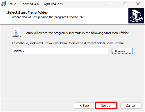 OpenSSL Light installer showing OpenSSL as the default Start Menu folder