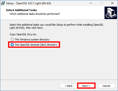 OpenSSL Light installer showing the OpenSSL binaries bin directory option selected for the DLL files