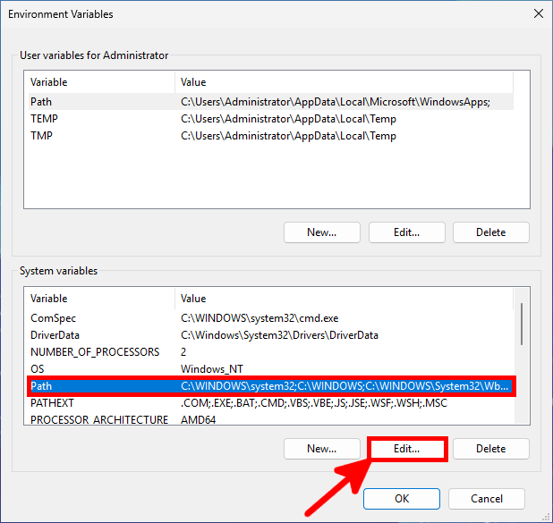 Windows Environment Variables window with the Path entry selected under System variables and the Edit button highlighted