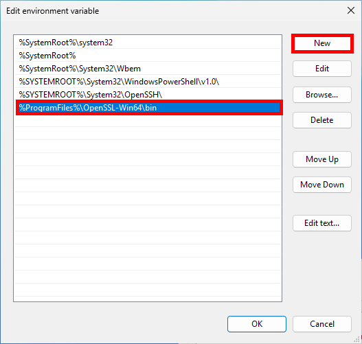 Windows Edit environment variable window showing %ProgramFiles%\OpenSSL-Win64\bin added to the system Path