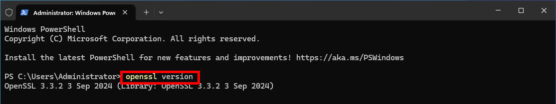 PowerShell window showing the openssl version command and the installed OpenSSL version
