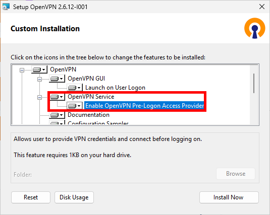 OpenVPN custom installation window showing OpenVPN Service and the optional OpenVPN Pre-Logon Access Provider component
