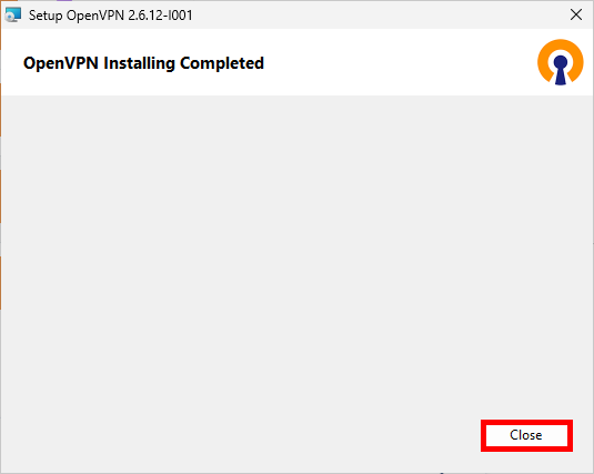 OpenVPN setup window confirming that the installation is complete, with the Close button highlighted