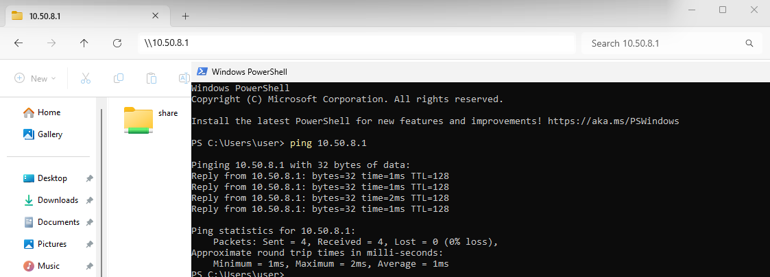 Windows PowerShell showing successful ping replies from the OpenVPN server at 10.50.8.1, with File Explorer accessing a server share through the same VPN address
