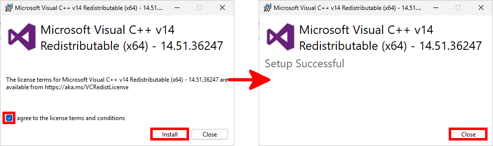 Microsoft Visual C++ Redistributable x64 installer showing the license agreement, Install button and successful installation screen