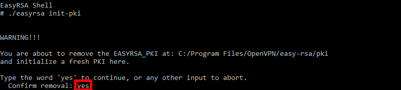 Easy-RSA shell running the easyrsa init-pki command and asking for confirmation before removing and reinitializing the existing PKI directory
