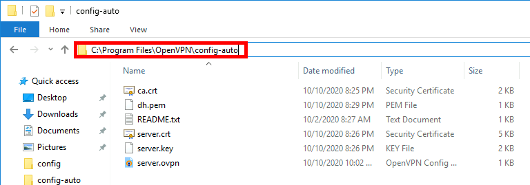 Windows File Explorer showing ca.crt, client.ovpn, client01.crt and client01.key in the OpenVPN client configuration directory
