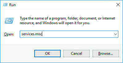 Windows Run dialog with services.msc entered to open the Services management console