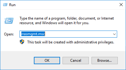 Windows Run dialog with rrasmgmt.msc entered to open the Routing and Remote Access management console