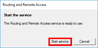 Routing and Remote Access dialog indicating that the service is ready to use, with the Start service button highlighted