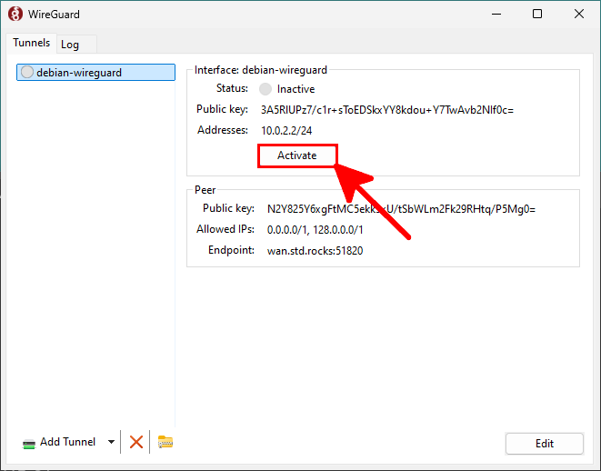WireGuard Windows application showing the 'Activate' button to start the tunnel