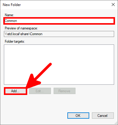 DFS Management | New Folder, add folder target