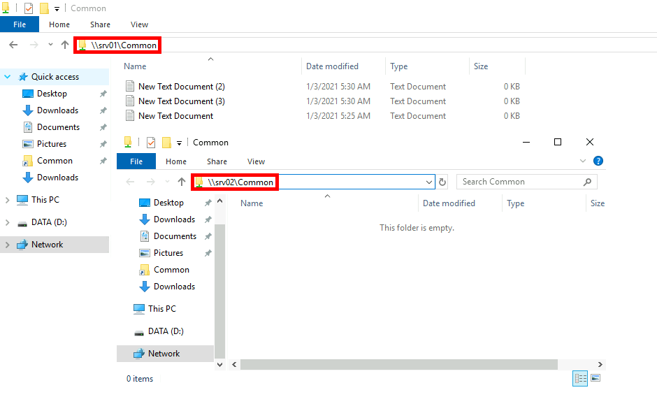 Two Windows explorer opened on two servers share