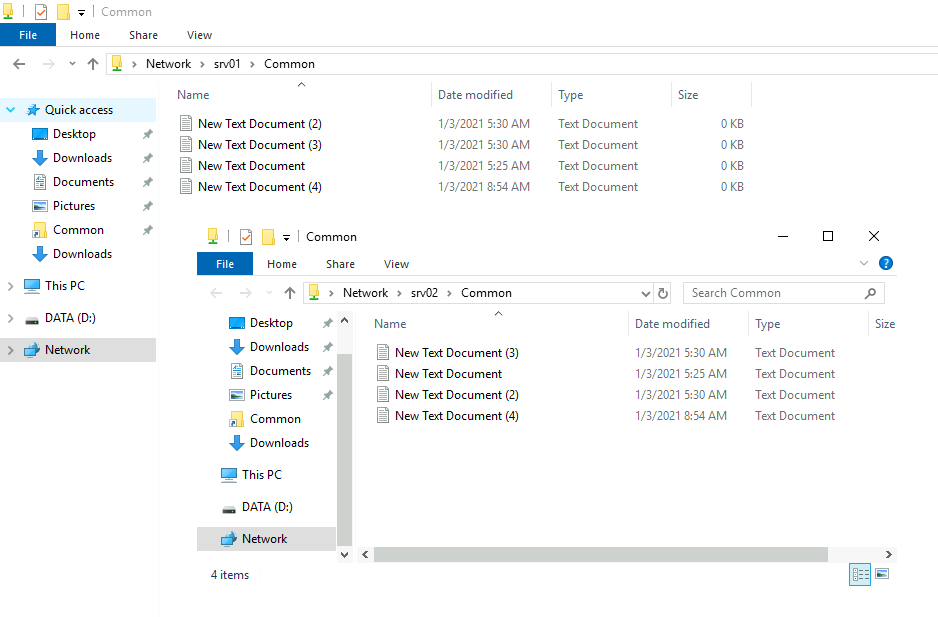 Two Windows Explorer with two shares that are synchronized