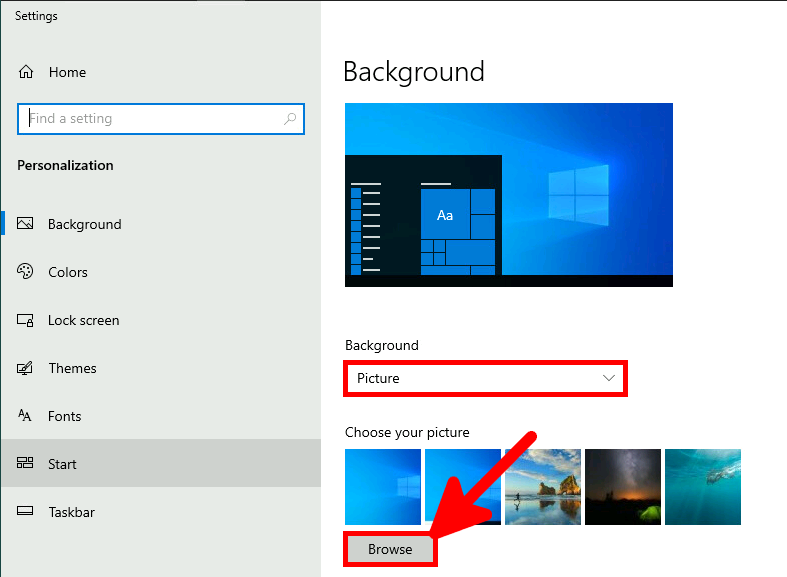 Windows 10 Background menu