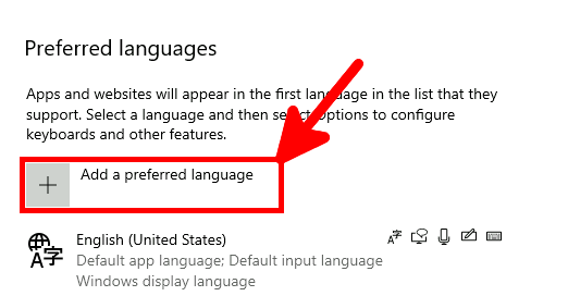 Windows 10 Prefered languages menu